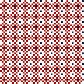 Rhomboid pixel pattern, red squares and blue dots, on whitr background