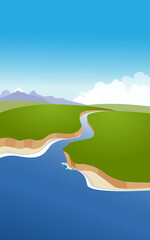 Vector landscape with river, mountains and the sea coast. Vertical banner template to be use it in your designs.