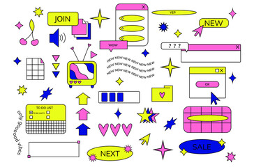 Big old pc window set.Obsolete electronic icons. y2k trendy illustrations