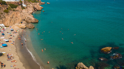 Aerial view of the beautiful beach of Nerja in Spain