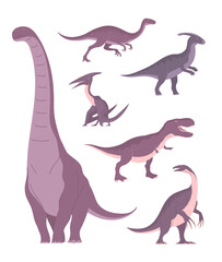 Set of ancient carnivorous and herbivorous dinosaurs. Sauropod, tyrannosaurus rex, therizinosaurus, pterosaur. Extinct lizard of the Jurassic period. Paleontology animals. Vector isolated illustration