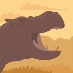 Large adult hippo. Open mouth. Head portrait. Wild and dangerous aquatic animal of Africa. Herbivorous mammal. Wild landscape. Flat vector color illustration