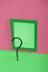 Black question mark and pink exclamation mark in mirror on pink and green background. Abstract...