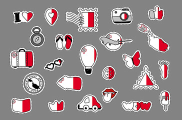 Patriotic travel stickers set in colors of national flag on white background. Malta