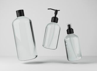 Three different transparent glass bottles for hair and body care products 3D render, set of floating cosmetic containers on gray studio background, packaging mockup