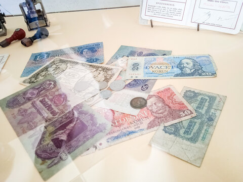 Banknotes and coins in a museum in Slovakia