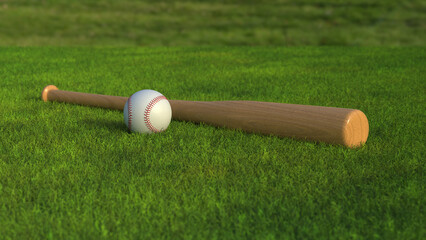 Fototapeta na wymiar Baseball bat, and ball, on grass. Baseball equipment in the field. Close-up view of baseball equipment.
