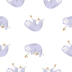 Seamless pattern with a cute animal sloth on a colored background. Vector illustration for printing on fabric, wrapping paper, clothing. Cute baby background