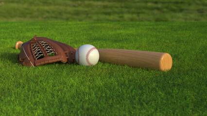 Baseball glove, bat, and ball, on grass. Baseball equipment in the field. Close-up view of baseball equipment.