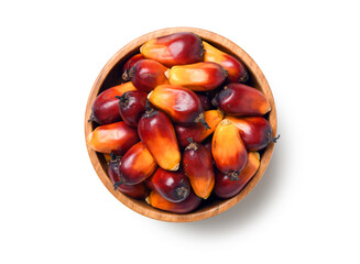 Flat lay of Palm oil nuts with wooden bowl isolate on white background. Clipping path.