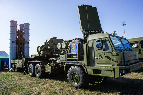 Launcher of the S-300 "Favorit" or S-400 "Triumph" anti-aircraft missile system of  military air defense at MAKS. Close-up. MAKS-2011 Close-up. Zhukovsky, Russia - August 17, 2011