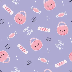 Poster Cute Halloween vector seamless pattern with Candy. Childish background for fabric, wrapping paper, textile, wallpaper and apparel © LindaAyu