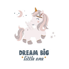 Vector illustration Cute Unicorn in Boho style, cartoon doodle background with text - Dream Big little one. Perfect for greeting card design, t-shirt print, inspiration poster