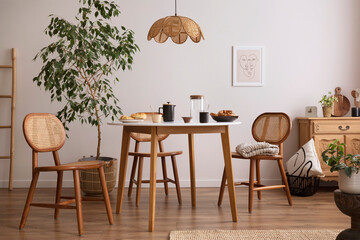 The stylish dining room with round table, rattan chair, wooden commode, poster and kitchen accessories. Beige wall with mock up poster. Home decor. Template. - obrazy, fototapety, plakaty