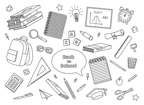School supplies elements. Black and white outline design. Vector illustration. Back to school and education vector icons
