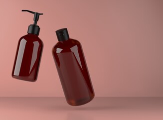 Two brown glass bottles for shower gel and liquid soap floating on studio background, 3D render of cosmetic product packaging