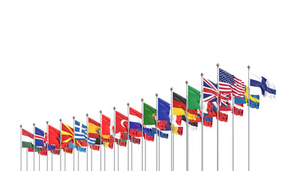 Obraz premium Flags of NATO - North Atlantic Treaty Organization, Sweden, Finland. - 3D illustration. Isolated on white background.