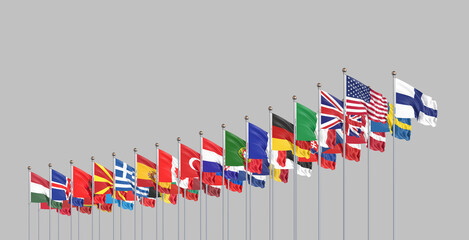 Obraz premium Flags of NATO - North Atlantic Treaty Organization, Sweden, Finland. - 3D illustration. Isolated on grey background