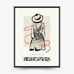 Abstract minimalist aesthetic womens with thin lines, floral patterns, plants, woman. Trendy colorful poster template. Vintage boho style.