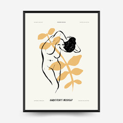 Abstract minimalist aesthetic womens with thin lines, floral patterns, plants, woman. Trendy colorful poster template. Vintage boho style.