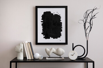 The stylish composition of minimalistic interior with mock up.  Black commode, vase with dried...