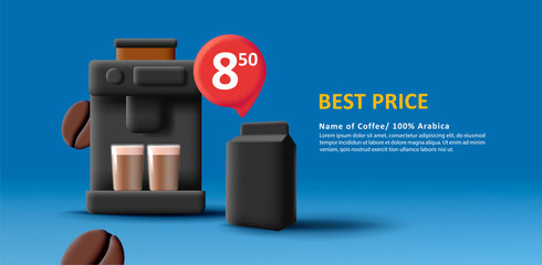 advertising banner with coffee machine and milk box and coffee beans with best price bubble. Vector illustration