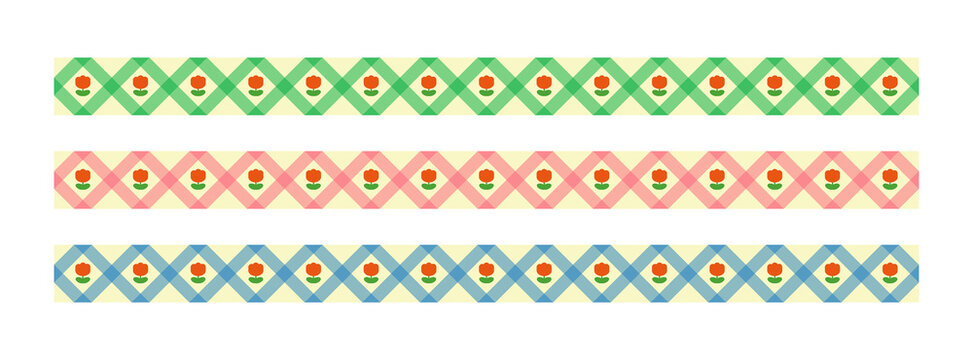 Set of decorative border line illustrations with colorful check patterns and tulip icons.