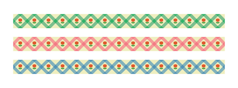 Set of decorative border line illustrations with colorful check patterns and tulip icons.
