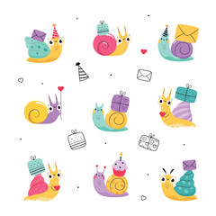 Cute Snail Character with Shell Carrying Gift Box and Cupcake on Its Back Vector Set
