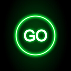Glowing neon green go button sign on black background 
