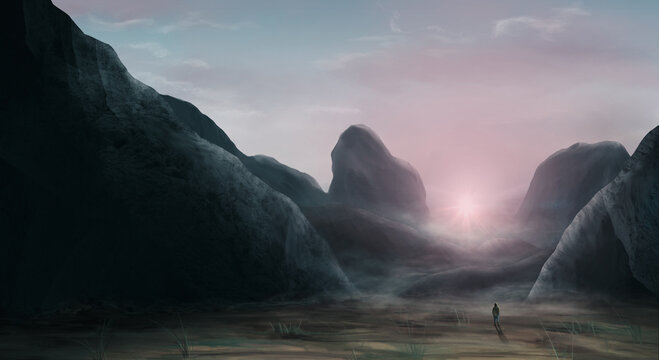 Man, tourist standing on mountain landscape at sunset. Fantasy digital painting illustration
