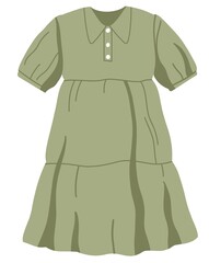 Naklejka premium Kids girls summer dress with collar, buttons and sleeves. Little childs clothes. Modern small girly apparel, wearing. Girlish childish garment. Flat illustration isolated on white background