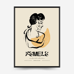 Abstract minimalist aesthetic womens with thin lines, floral patterns, plants, woman. Trendy colorful poster template. Vintage boho style.