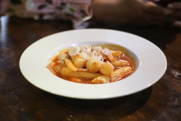 Tasty stew. Goulash soup bograch in a bowl. Hungarian dish, view from above, top shot, horizontal