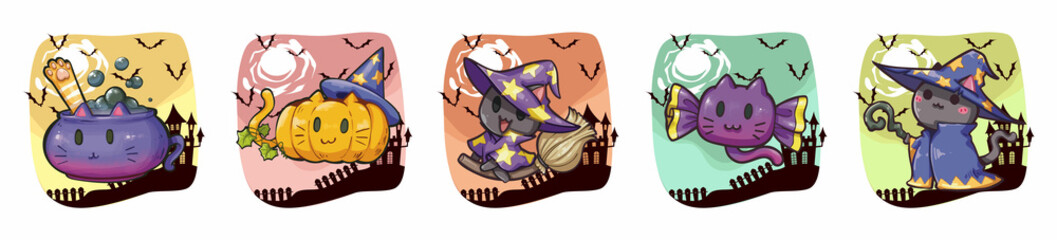 Cute cat halloween cartoon collection, You can use these clipart for any project such as custom, stickers planner, scrapbooking or used for as part of your design.