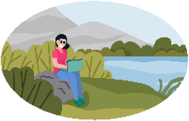 Remote work, freelance or distance education, outdoor activity concept. Girl with laptop sitting in forest or park. Woman with computer working or studying. Lady sits on bank of river or lake