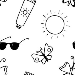 Vector seamless summer pattern. Sun and sunscreen. Butterflies. Hand drawn background. Outline. Travel and camping.