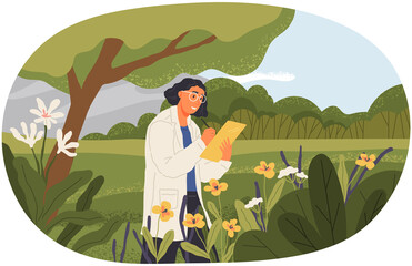 Woman exploring nature and making notes. Researcher analysing natural area. Environmental and ecology research. Scientist conducts ecological experiment. Explorer works researcher analyzes nature