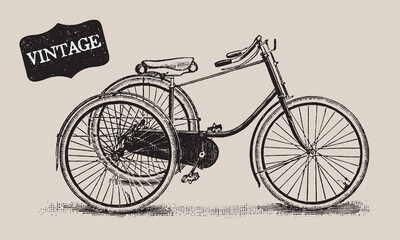 Vintage vehicles. Retro Bicycle Set. Tricycle Passenger Illustration. Ride Transportation. Travel Antique Transport. Retro Line Drawing. Engraving Old Transport. Invention Machine. Travel concept