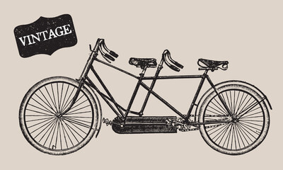 Vintage vehicles. Engraving Old Double Bike. Retro Bicycle Set. Wheel Illustration. Ride Transportation. Travel Antique Transport. Passenger bike. Retro Line Drawing. Invention Machine. Travel concept