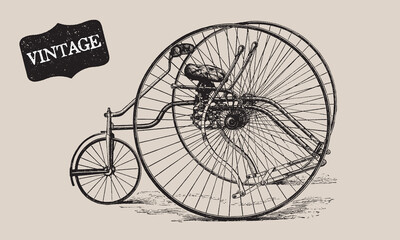 Vintage vehicles. Retro Bicycle Set. Tricycle Passenger Illustration. Ride Transportation. Travel Antique Transport. Retro Line Drawing. Engraving Old Transport. Invention Machine. Travel concept