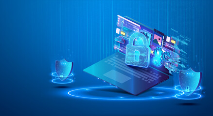 The concept of data security protection on a blue laptop. Computer network security technology. Processing and online data protection via a secure Internet connection. System confidentiality.