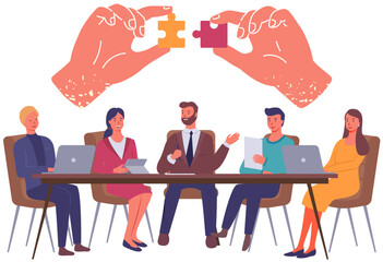 Hands assembling jigsaw puzzle pieces together. People cooperating, brainstorming during meeting. Teamwork with puzzle symbol of business. Team invites to join business collective vector illustration
