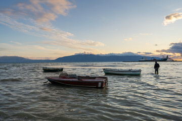 Sunset Over the Sea with Fishing Boat , Beautiful Nature Background from Vlore, Albania