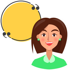 Happy adult smiling woman and big blank speech bubble, information, thought, quote and opinion. Thinking chat box, communication and dialogue, empty discussion message above head of female character