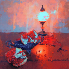 Oriental still life with a pomegranate in a silver vase and an oriental lamp in red and blue tones. Digital oil painting with large strokes in the style of modern impressionism.