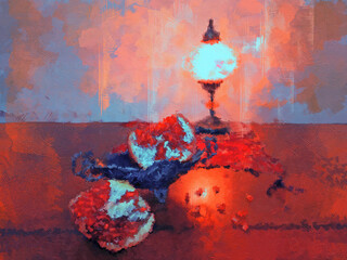 Still life with a pomegranate in a silver vase and an oriental lamp in red and blue tones. Digital oil painting with large strokes in the style of modern impressionism.