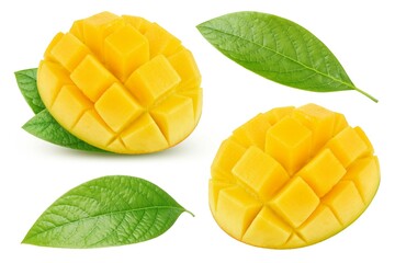 Mango cubes with leaves isolated on white background
