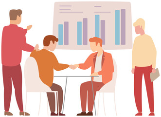 Manager makes presentation of statistical report analysis charts. Planning business. Teamwork consulting for project management, financial reporting and strategy. Data analysis research statistics