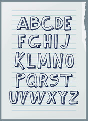Vector handwritten alphabet on paper sheet from school notebook. Custom letters. Lettering and typography for designs logo, for poster, invitation. Form of writing, standard symbols and signs set